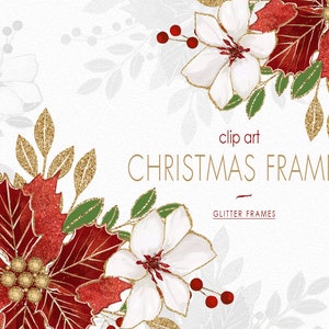 Digital Christmas Frames Clipart, Poinsettia Clipart, Christmas Wreath & Bouquets, Glitter Flowers Clipart, Christmas decorations PNG