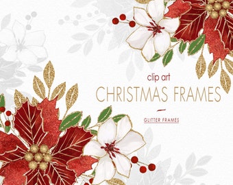 Digital Christmas Frames Clipart, Poinsettia Clipart, Christmas Wreath & Bouquets, Glitter Flowers Clipart, Christmas decorations PNG