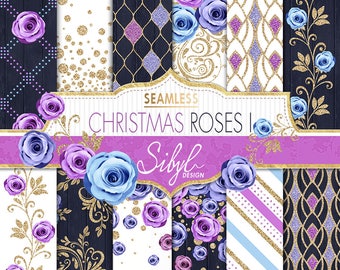 Florales digitales Papier, Weihnachtsrosen Musterdesign I, lila Rosen Papier, blaues Blumenmuster, Glitzer Blumen Papier