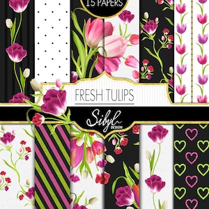 Frühling Digitale Papiere, Tulpen Blume Digitales Papier, Rosa und Grünes Blumenpapier, Lila Tulpe Digitale Scrapbooking Blumen Bild 1