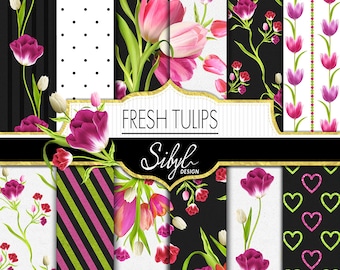 Spring Digital Papers, Tulips Flower Digital Paper, Pink and Green Floral Paper, Purple Tulip Digital Scrapbooking Flowers