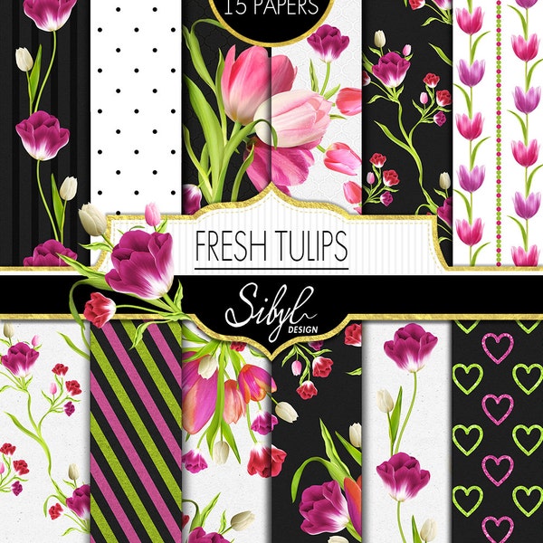 Spring Digital Papers, Tulips Flower Digital Paper, Pink and Green Floral Paper, Purple Tulip Digital Scrapbooking Flowers
