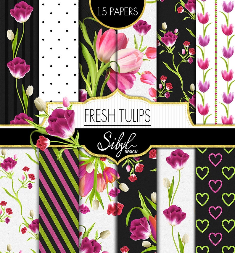 Frühling Digitale Papiere, Tulpen Blume Digitales Papier, Rosa und Grünes Blumenpapier, Lila Tulpe Digitale Scrapbooking Blumen Bild 1