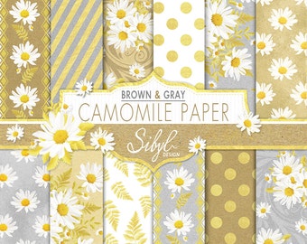 Floral Digital Paper, Brown and Gray Camomile Digital Paper, White Daisy Background, Wedding Floral Paper, Moonflower Pattern, Printable