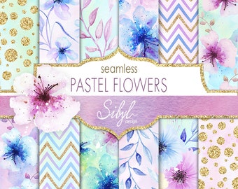 Digital Watercolor Floral Paper, Pastel Flowers Digital Paper, Watercolor Floral Seamless Pattern, Flowers Hand Painted Paper, Planner Paper