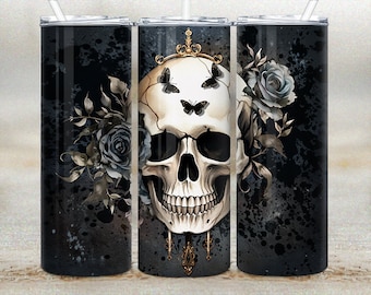 Skull Tumbler Wrap, Skeleton Straight Skinny Tumbler PNG, Gothic 20oz Sublimation, Halloween Skull and Roses Tumbler Design, Gothic Skull