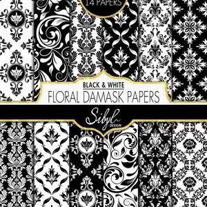 Digital Floral Damask Wedding Paper, White and Black Damask Digital Paper, Floral Damask Crafts, Wedding Damask Scrapbooking, Planner Paper