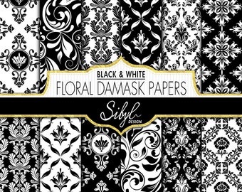 Digital Floral Damask Wedding Paper, White and Black Damask Digital Paper, Floral Damask Crafts, Wedding Damask Scrapbooking, Planner Paper