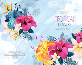 Tropical Flowers Arrangement Bouquet, Exotic Summer Clipart, Digital Floral Bouquets, Tropical Wreaths, Exotic Flowers PNG