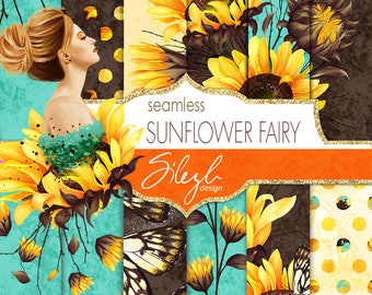Sunflower Fairy Paper Pack, Sunflower Digital Seamless Paper Pack, Fairies and Butterflies Illustration, Planner Papers, Planner Stickers