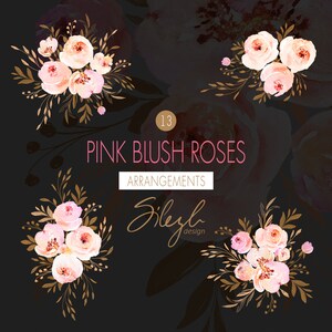 May include: Thirteen watercolor illustrations of pink blush roses with gold leaves. The illustrations are arranged in four different bouquets. The text "Pink Blush Roses Arrangements" is written in pink letters on a black background.