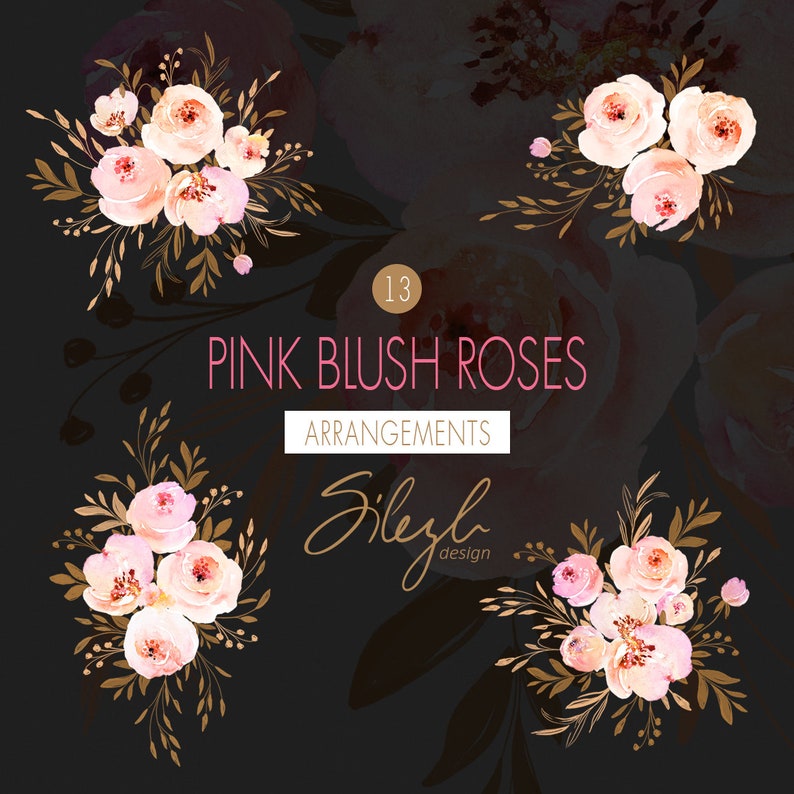 May include: Thirteen watercolor illustrations of pink blush roses with gold leaves. The illustrations are arranged in four different bouquets. The text "Pink Blush Roses Arrangements" is written in pink letters on a black background.