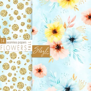 Digital Watercolor Floral Paper, Fall Flowers Paper Pack, Watercolor Floral Seamless Pattern, Flowers Hand Painted Paper image 4