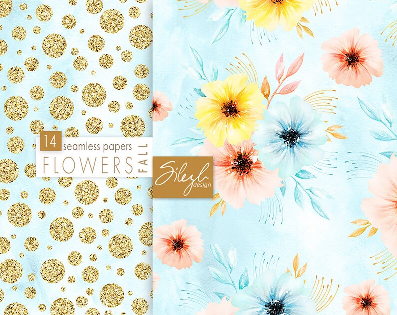 Digital Watercolor Floral Paper, Fall Flowers Paper Pack, Watercolor Floral Seamless Pattern, Flowers Hand Painted Paper image 4