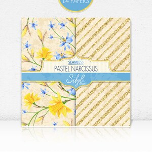 K&ouml;nnte beinhalten: Ein digitaler Download von 14 nahtlosen Mustern mit pastellgelben Narzissen und blauen Blumen auf cremefarbenem Hintergrund. Die Muster sind perfekt f&uuml;r Bastel-, Scrapbooking- und digitale Designprojekte. Der Text "Seamless Pastel Narcissus Sibyl Design" ist im Bild enthalten.