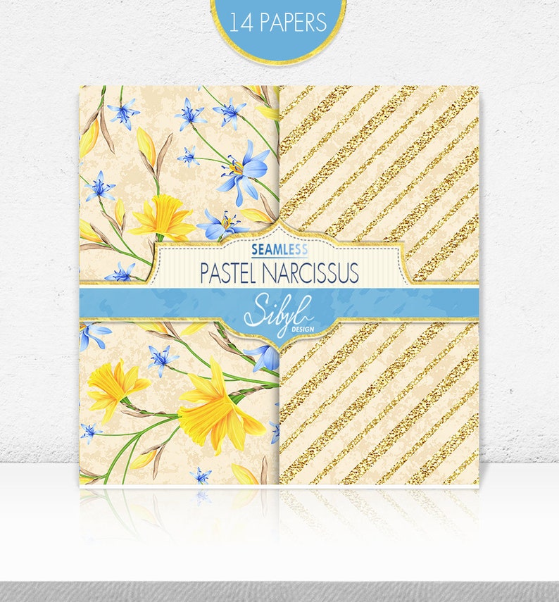 K&ouml;nnte beinhalten: Ein digitaler Download von 14 nahtlosen Mustern mit pastellgelben Narzissen und blauen Blumen auf cremefarbenem Hintergrund. Die Muster sind perfekt f&uuml;r Bastel-, Scrapbooking- und digitale Designprojekte. Der Text "Seamless Pastel Narcissus Sibyl Design" ist im Bild enthalten.