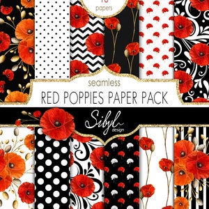 Carta digitale papaveri rossi senza soluzione di continuità, carta digitale floreale papavero, foglio collage fiore rosso, scrapbooking digitale papavero, carta fiore decoupage