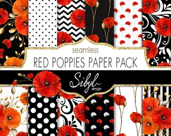 Seamless Red Poppies Digital Paper, Poppy Floral Digital Paper, Red Flower Collage Sheet, Poppy Digital Scrapbooking, Decoupage Flower Paper