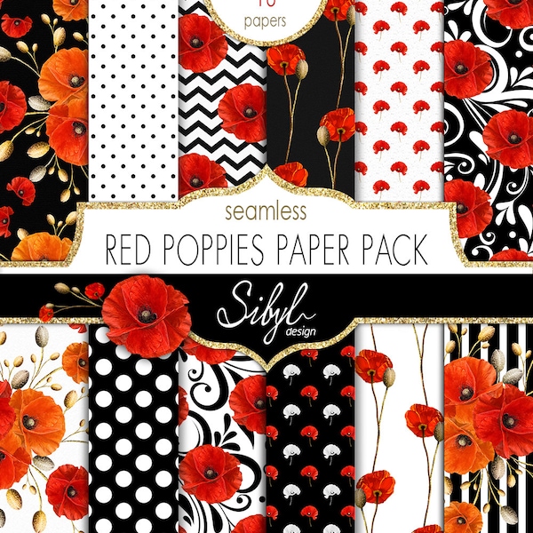 Seamless Red Poppies Digital Paper, Poppy Floral Digital Paper, Red Flower Collage Sheet, Poppy Digital Scrapbooking, Decoupage Flower Paper