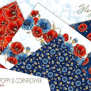 Digital Floral Paper, Red Poppies Digital Papers, Cornflower Papers, Floral Seamless Patterns, Wild Flower Paper,Scrapbooking, Planner Paper image 2