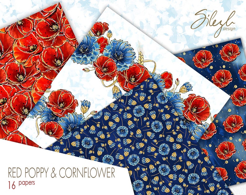 Digital Floral Paper, Red Poppies Digital Papers, Cornflower Papers, Floral Seamless Patterns, Wild Flower Paper,Scrapbooking, Planner Paper image 2