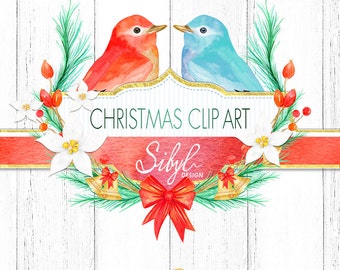 Watercolor Christmas Clipart, Hand Painted Winter Clipart, Winter Birds, Christmas Wreath, Diy Project, Holiday clipart , PNG
