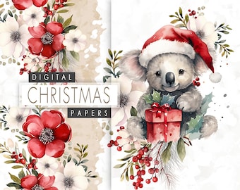Christmas Animals Digital Paper, Winter Holiday Seamless Pattern, Printable Watercolor Christmas Papers,Christmas Floral Papers,Cute Animals