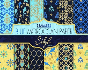 Seamless Moroccan Paper, Digital Ethnic Moroccan Patterns, Blue Moroccan Glitter Pattern, Oriental Digital Paper, Geometric Printable Paper