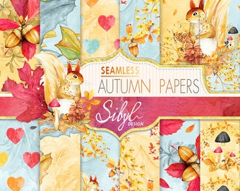 Digital Fall Paper Pack, Watercolor Autumn Seamless Pattern, Hand Painted Paper, Fall Seamless Paper,Printable Paper,Fabric Paper, Cozy Fall