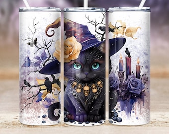 Halloween Cat 20 oz Skinny Tumbler Wrap, Gothic Tumbler Sublimate, Black Cat Tumbler PNG Downloads, Purple Roses Halloween Straight Tumbler