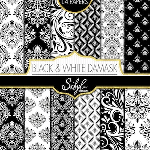 White and Black Damask Digital Paper, Damask Collage Sheet, Floral Damask Scrapbook, Damask Printable Papers,wedding invitations, cardmaking