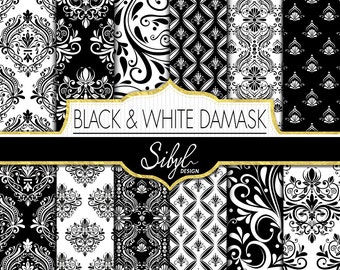 White and Black Damask Digital Paper, Damask Collage Sheet, Floral Damask Scrapbook, Damask Printable Papers,wedding invitations, cardmaking