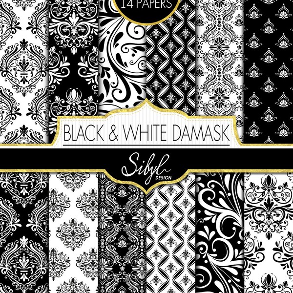 White and Black Damask Digital Paper, Damask Collage Sheet, Floral Damask Scrapbook, Damask Printable Papers,wedding invitations, cardmaking
