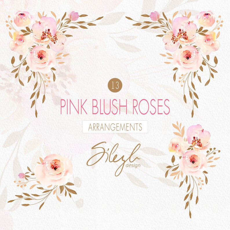 May include: 13 watercolor arrangements featuring pink blush roses with gold leaves. The arrangements are perfect for creating invitations, cards, and other paper crafts.