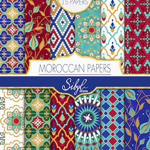 Papier numérique géométrique, Motifs marocains ethniques numériques, Paquet de papier mosaïque colorée, Papier de scrapbooking, Numérique tribal, Papier géométrique