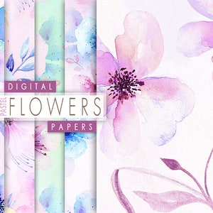 Digital Watercolor Floral Paper, Pastel Flowers Digital Paper, Watercolor Floral Seamless Pattern, Flowers Collage Sheets, Printable Paper image 1