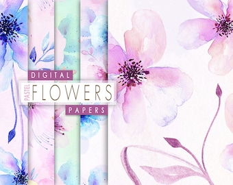 Digital Watercolor Floral Paper, Pastel Flowers Digital Paper, Watercolor Floral Seamless Pattern, Flowers Collage Sheets, Printable Paper