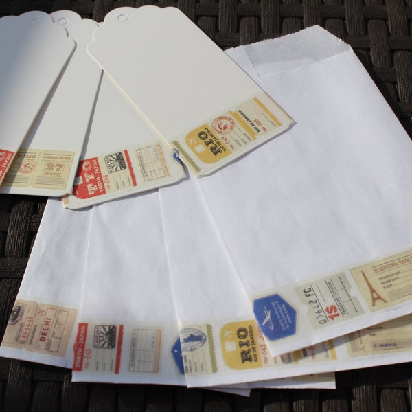 COLLECTION VOYAGES : 110 pièces pour un embarquement immédiat. 55 pochettes papier + 55 étiquettes en carton blanc
