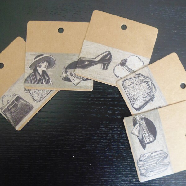 Collection RETRO WOMEN  ! 20 étiquettes cartonnées kraft 6 x 6 cm décorées de dessins rétro