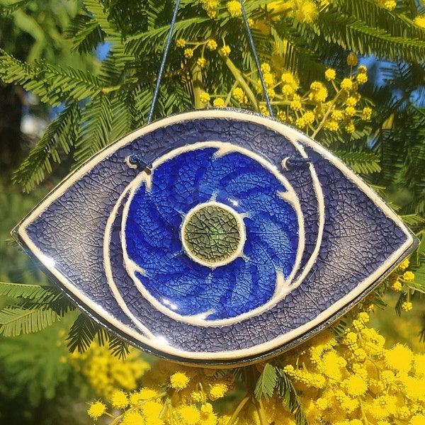 Evil eye wall hanging, home protection, ceramic eye, protection amulet, greek evil eye, evil eye wall decor, empath protection, purple eye