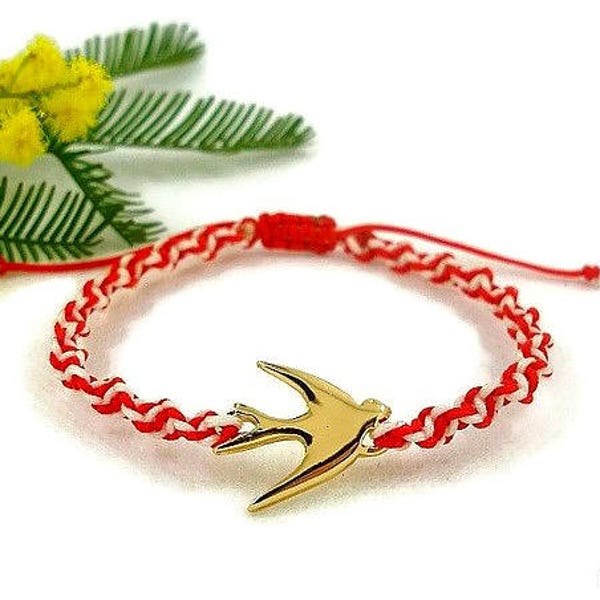 Swallow bracelet, bird bracelet, spring bracelet, red white bracelet, protection bracelet, March bracelet, minimal bracelet, dainty bracelet