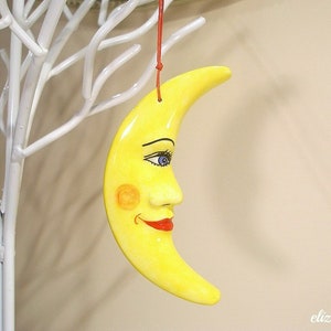 Ceramic moon wall hanging, hand painted ornament, gift for baby, nursery decor, crescent moon, Christmas ornament, la luna, moon face