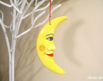 Ceramic moon wall hanging, hand painted ornament, gift for baby, nursery decor, crescent moon, Christmas ornament, la luna, moon face