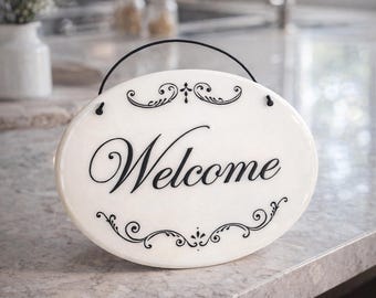 Handmade ceramic Welcome sign, front door sign, front porch sign, entryway sign, welcome home sign, doorway sign, entrance sign.