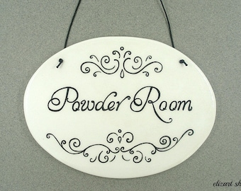 Powder room sign, door sign, toilet sign, hanging bath sign, WC sign, restroom sign, hand painted sign, bathroom sign, ladies room sign, loo