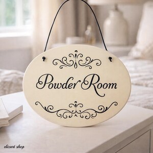 Powder room sign, ceramic door sign, toilet sign, hanging bath sign, WC sign, restroom sign, hand painted sign, bathroom sign, the loo image 3