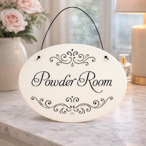 Powder room sign, ceramic door sign, toilet sign, hanging bath sign, WC sign, restroom sign, hand painted sign, bathroom sign, the loo with holes and cord