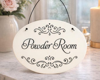 Powder room sign, ceramic door sign, toilet sign, hanging bath sign, WC sign, restroom sign, hand painted sign, bathroom sign, the loo