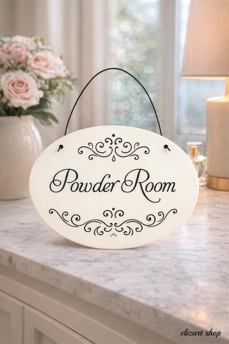 Powder room sign, ceramic door sign, toilet sign, hanging bath sign, WC sign, restroom sign, hand painted sign, bathroom sign, the loo with holes and cord