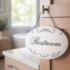 Handmade Ceramic Restroom Sign, Elegant Bathroom Decor